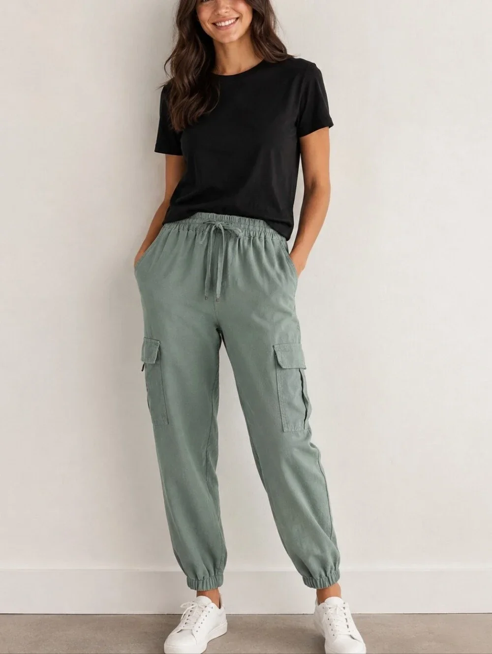 Green Linen Blend Cargo Joggers Sz S Coastal Casual Resortwear Beachy